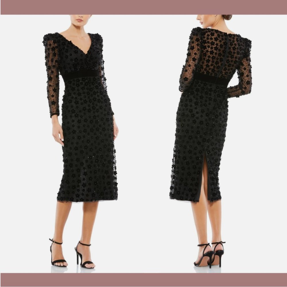 NWT Mac Duggal [ 6‎ ] Embellished V Neck Long Sleeve Midi Dress Black Q609